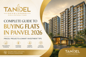Premium residential apartments in Panvel showcasing modern high-rise buildings and luxury amenities, featured in the Complete Guide to Buying Flats in Panvel 2026 by Tandel Developers.
