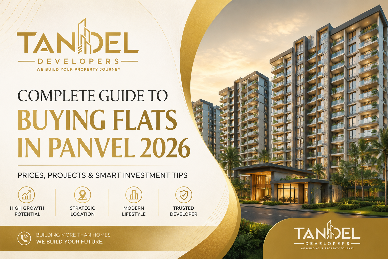 Premium residential apartments in Panvel showcasing modern high-rise buildings and luxury amenities, featured in the Complete Guide to Buying Flats in Panvel 2026 by Tandel Developers.